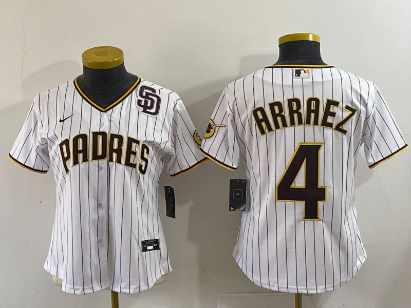 Women 2025 San Diego Padres #4 Arraez White Stripe Game Nike MLB Jersey style 9